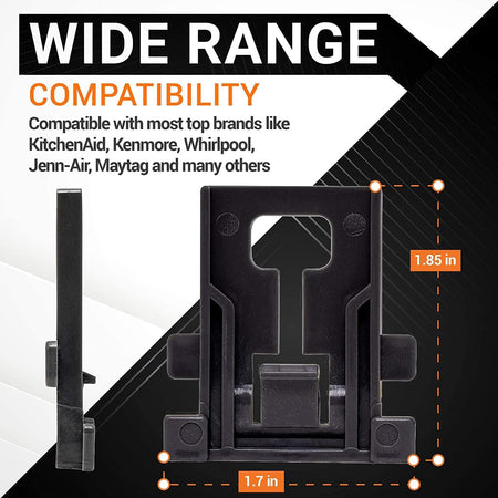 Dishwasher rack adjuster positioner showing 1.85 inch by 1.7 inch dimensions for Whirlpool and Kenmore compatibility.
