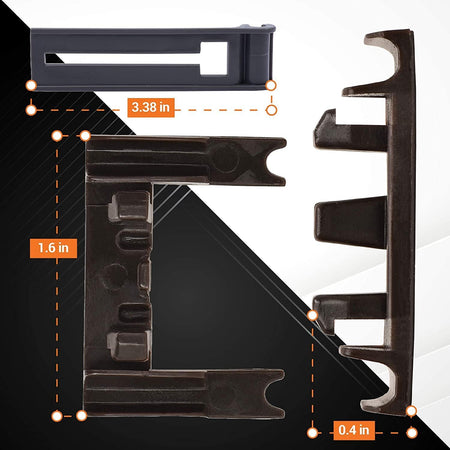 Dishwasher rack adjuster components with dimension labels for Whirlpool, Kenmore, and KitchenAid models.