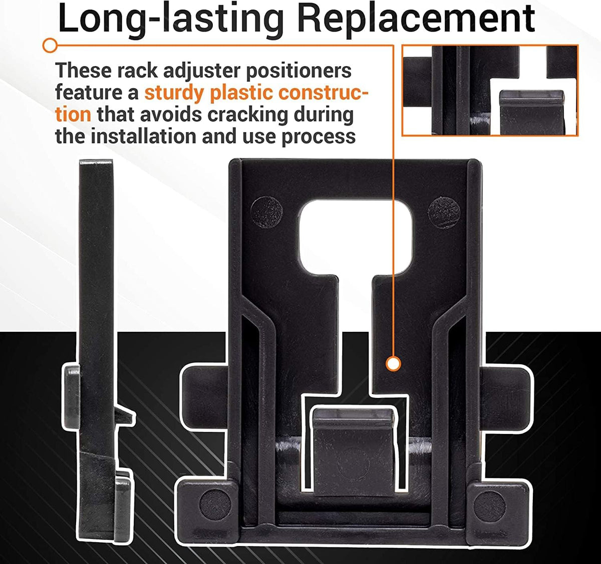 Black plastic dishwasher rack adjuster positioner replacement part with instructional text overlay.