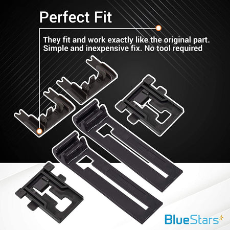 Dishwasher rack adjuster and clip-lock kit components for Whirlpool, Kenmore, and KitchenAid dishwashers.