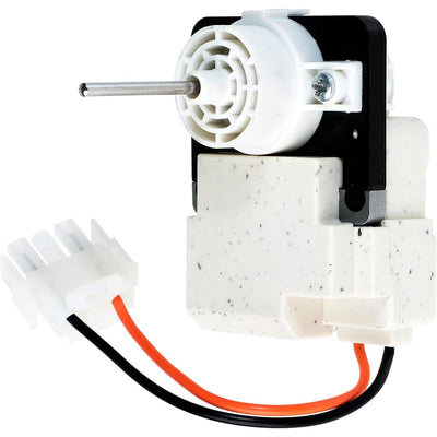 Replacement refrigerator evaporator fan motor for Frigidaire and Kenmore with white housing and electrical connector.