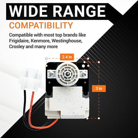 Refrigerator evaporator fan motor showing 2.4 inch by 3 inch dimensions for Frigidaire and Kenmore compatibility.