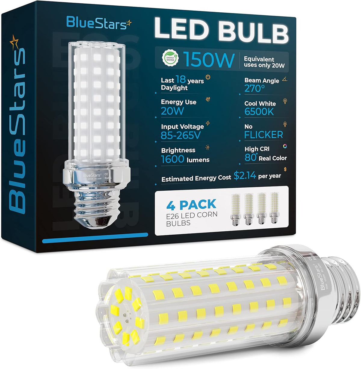 BlueStars 20W E26 LED corn light bulb in front of its 4-pack retail packaging box.