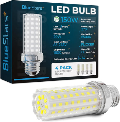 BlueStars 20W E26 LED corn light bulb in front of its 4-pack retail packaging box.