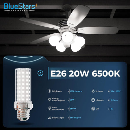 E26 20W LED corn light bulb shown with technical specifications and installed in a ceiling fan.