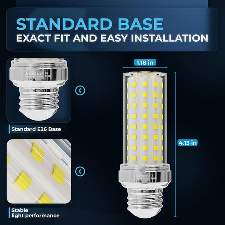 Diagram showing dimensions and standard E26 base of 20W LED corn light bulb.
