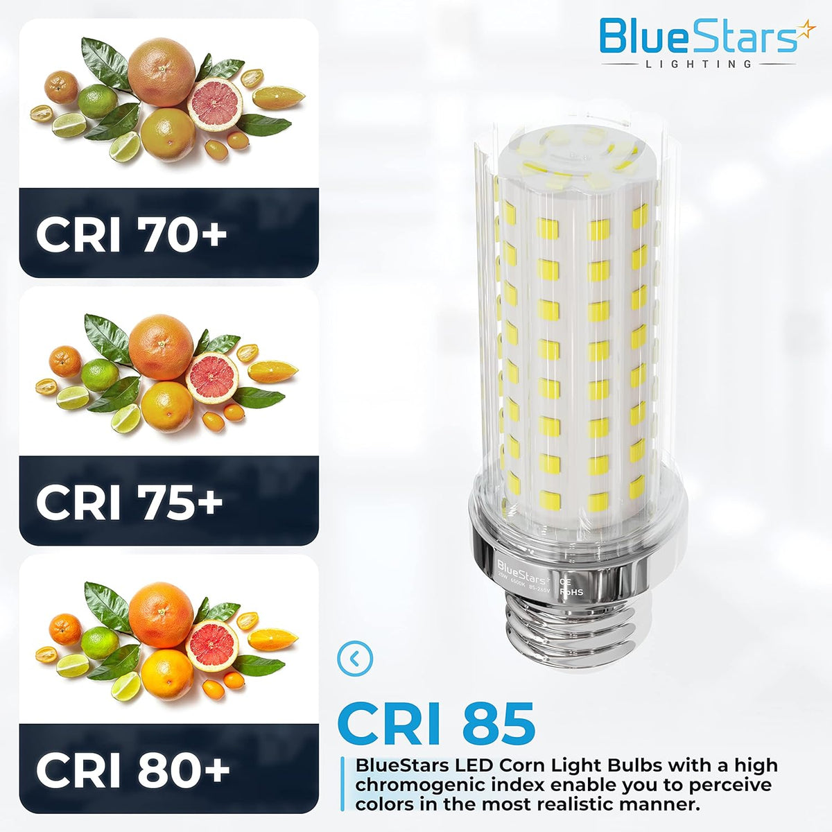 Single 20W E26 LED corn light bulb showing CRI 85 color rendering comparison chart.