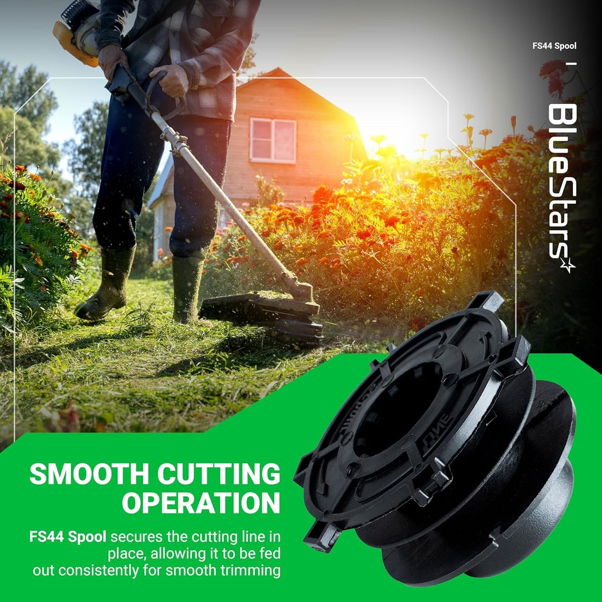 Black trimmer head spool for Stihl Autocut 25-2, shown in a lifestyle graphic with a person using a string trimmer.
