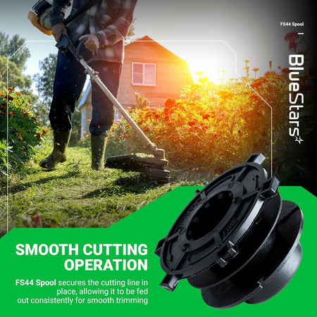 Black trimmer head spool for Stihl Autocut 25-2, shown in a lifestyle graphic with a person using a string trimmer.