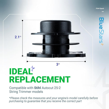Dimensional diagram of a black trimmer head spool for Stihl Autocut 25-2 showing 2.1-inch height and 3-inch width.