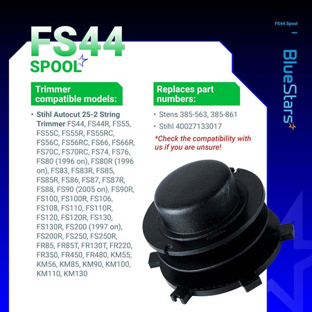 Black replacement trimmer head spool cap cover for Stihl Autocut 25-2, shown with compatibility and part number chart.