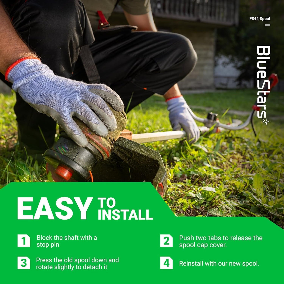 Instructional graphic showing how to install a Stihl Autocut 25-2 trimmer head spool cap cover.