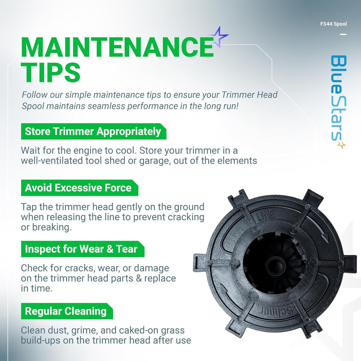 Infographic showing maintenance tips for Stihl Autocut 25-2 trimmer head spool cap cover.