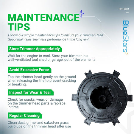 Infographic showing maintenance tips for Stihl Autocut 25-2 trimmer head spool cap cover.