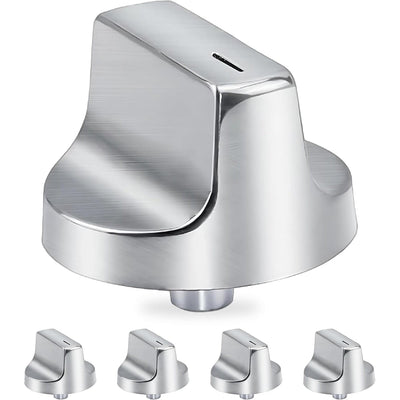 Single W11366438 stainless steel gas range control knob with four additional knobs shown below.