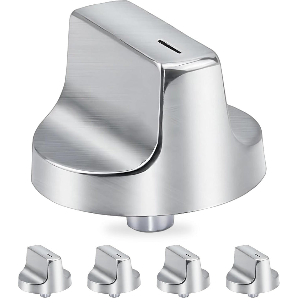 Single W11366438 stainless steel gas range control knob with four additional knobs shown below.