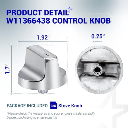W11366438 gas range stove control knob showing dimensions and rear view for Whirlpool compatibility.