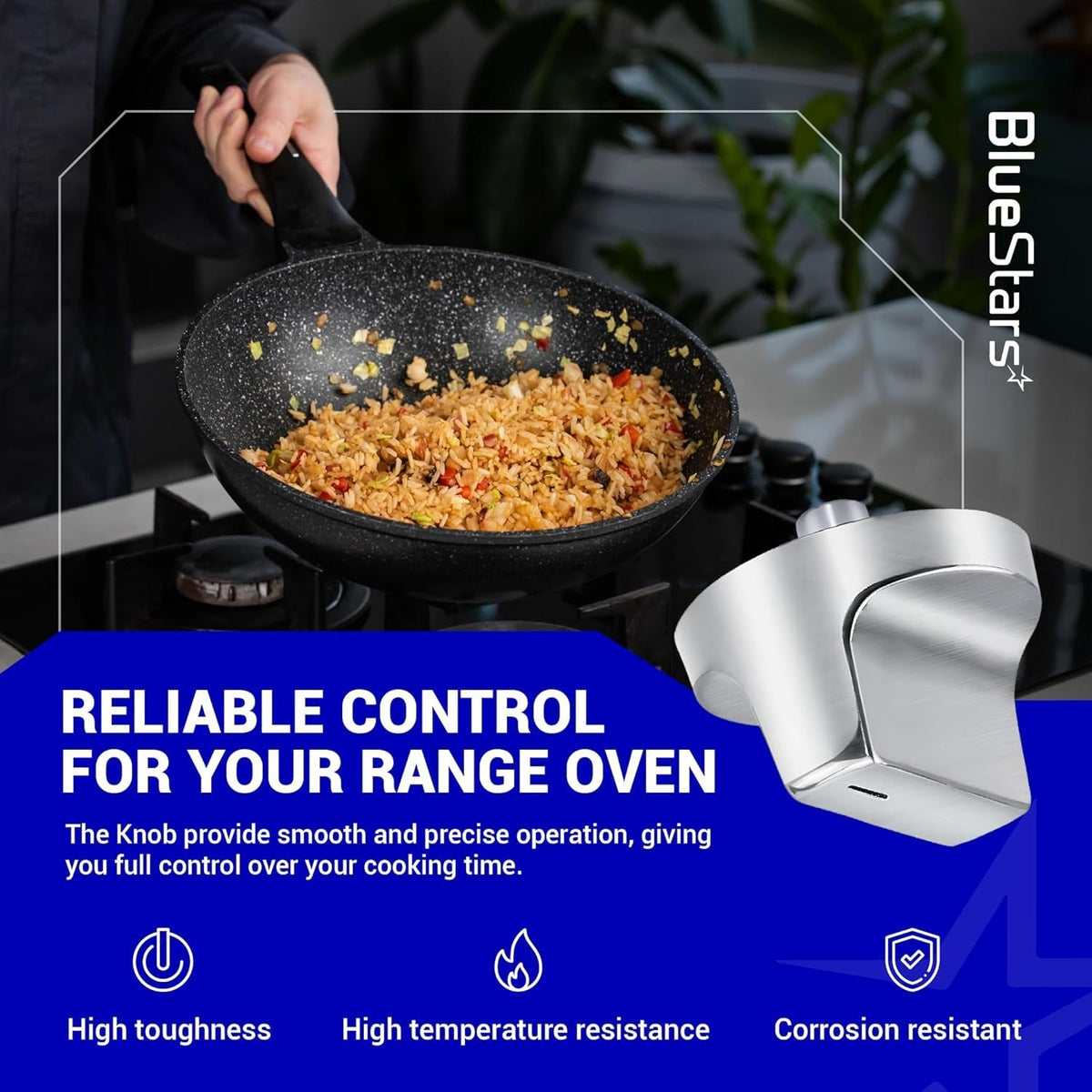 W11366438 gas range stove control knob promotional graphic showing product features and cooking application.
