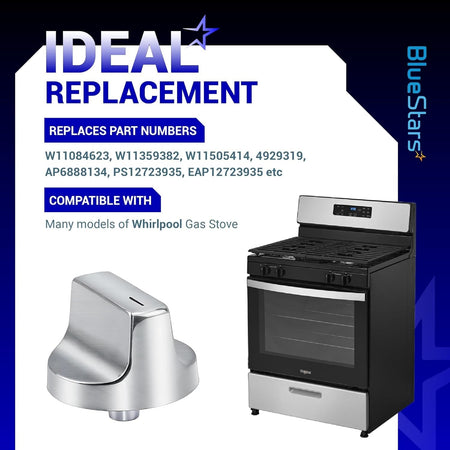 W11366438 gas range control knob replacement for Whirlpool stoves with compatibility and part number information.