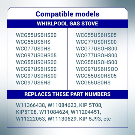 Compatibility chart for W11366438 gas range stove control knob listing Whirlpool models and replacement part numbers.