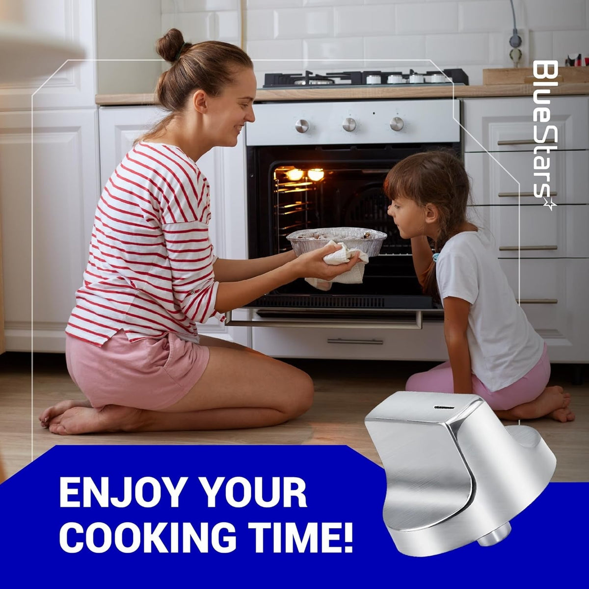 W11366438 gas range stove control knob replacement shown in a lifestyle kitchen setting.