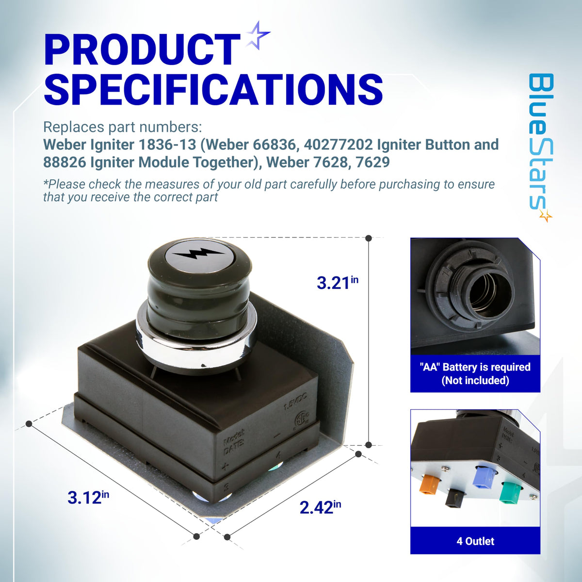 Dimensioned product specification image for Weber Genesis 3-burner grill igniter module and button switch.