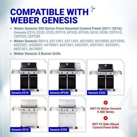 Compatibility chart for Weber Genesis 300 series front-control gas grills showing compatible and incompatible models.