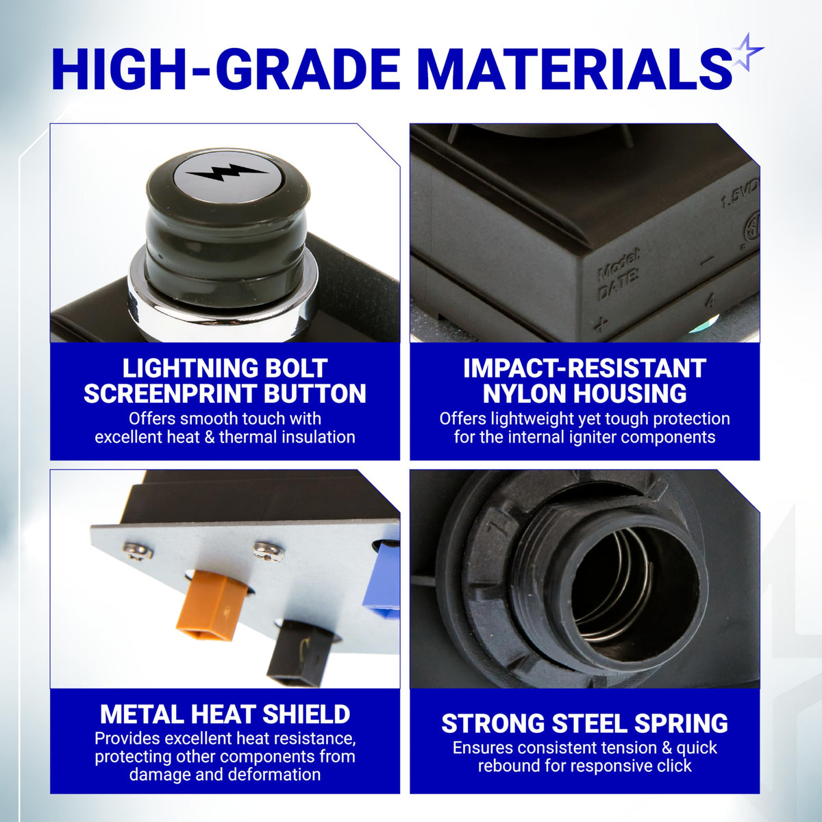 Features of Weber Genesis grill igniter module showing button, nylon housing, heat shield, and steel spring.