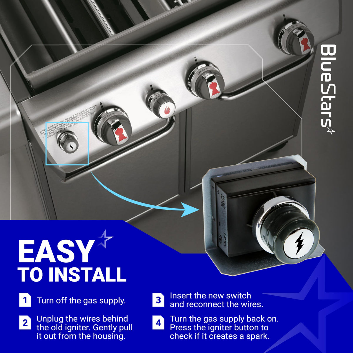 Weber Genesis grill igniter button switch replacement with installation instructions graphic.