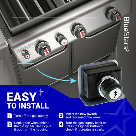 Weber Genesis grill igniter button switch replacement with installation instructions graphic.