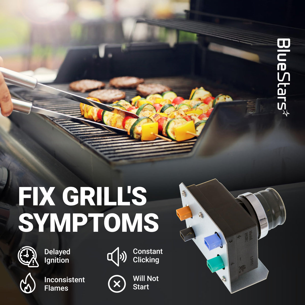 Genesis 3-burner igniter module for Weber Genesis grills shown with troubleshooting icons and food on a grill.
