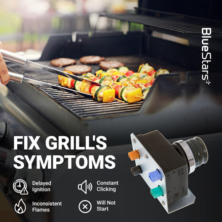 Genesis 3-burner igniter module for Weber Genesis grills shown with troubleshooting icons and food on a grill.