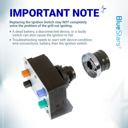 Weber Genesis grill igniter module and button switch with troubleshooting information text overlay.