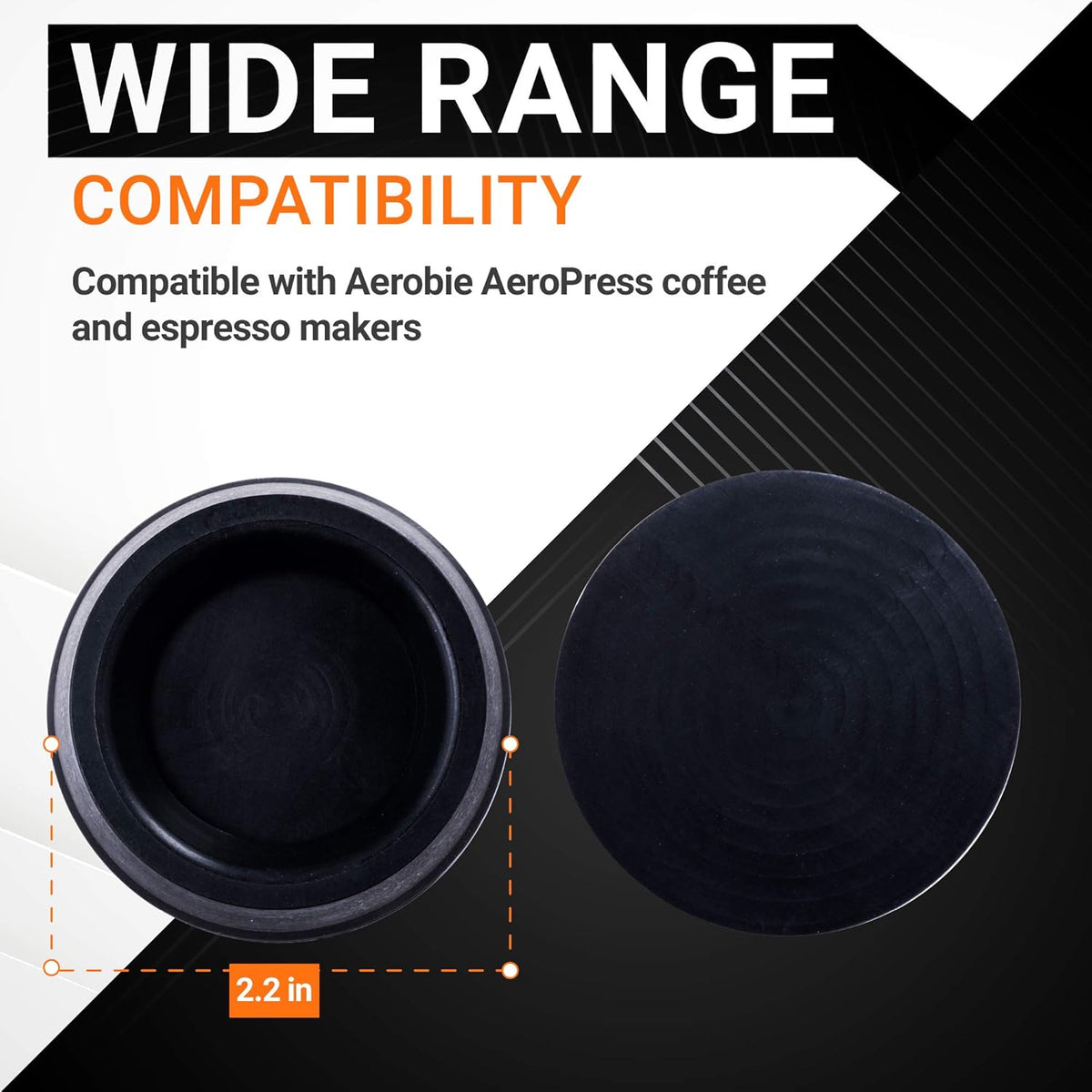 Black rubber plunger gasket for AeroPress coffee makers, 2.2-inch diameter top and bottom view.