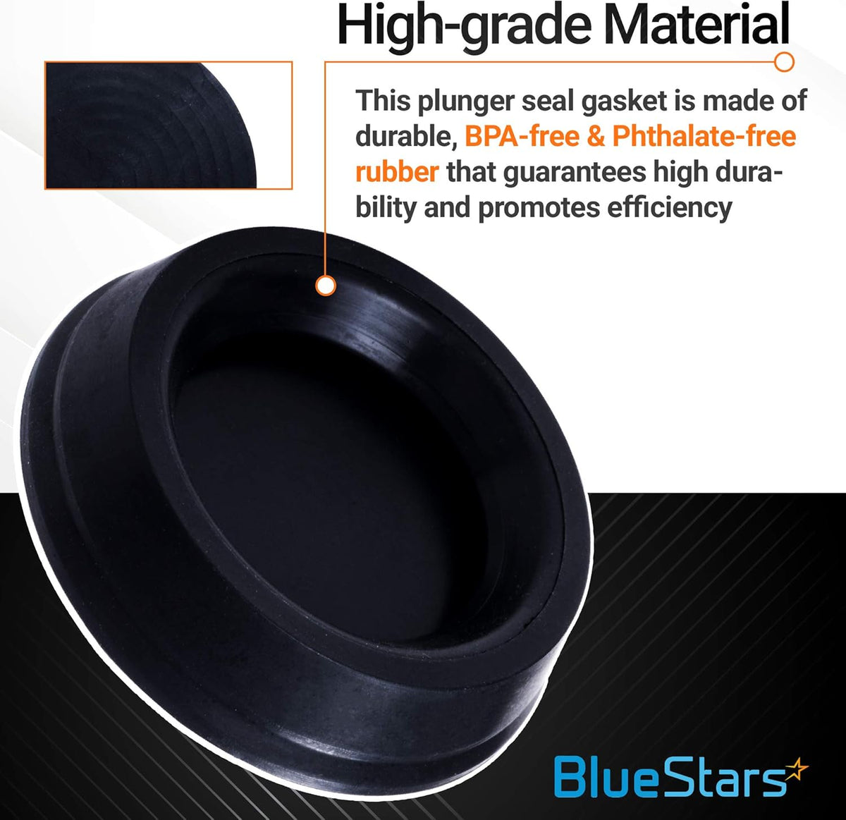 Durable black rubber plunger seal gasket with close-up view of high-grade material texture.