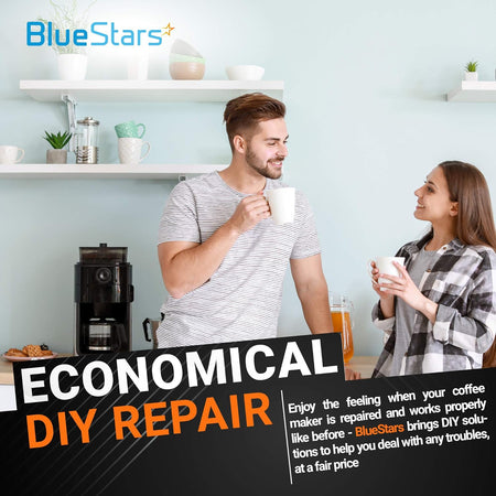 BlueStars promotional graphic for coffee maker repair featuring a couple drinking coffee in a kitchen.