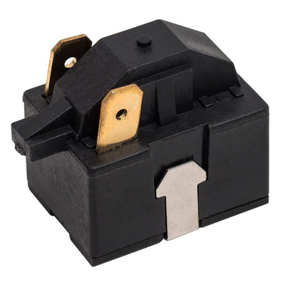 6748C-0004D 2-pin mini fridge start relay with two brass terminals and metal mounting clip.