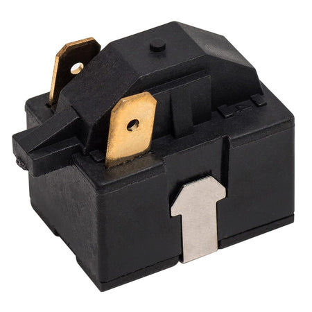 6748C-0004D 2-pin mini fridge start relay with two brass terminals and metal mounting clip.
