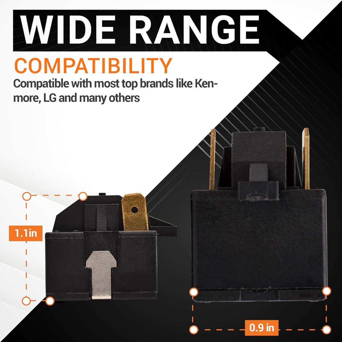 6748C-0004D 2-pin mini fridge start relay showing dimensions of 1.1 inches by 0.9 inches for compatibility reference.