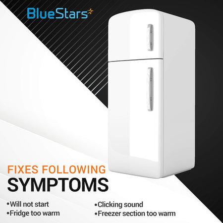 Graphic showing refrigerator symptoms fixed by 6748C-0004D start relay for LG, Kenmore, and Frigidaire models.