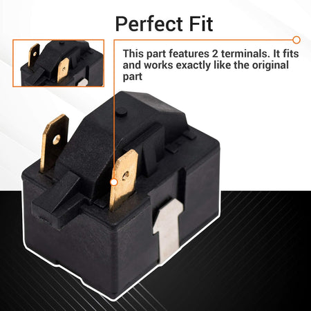 6748C-0004D 2-pin mini fridge start relay showing terminal detail and perfect fit design.