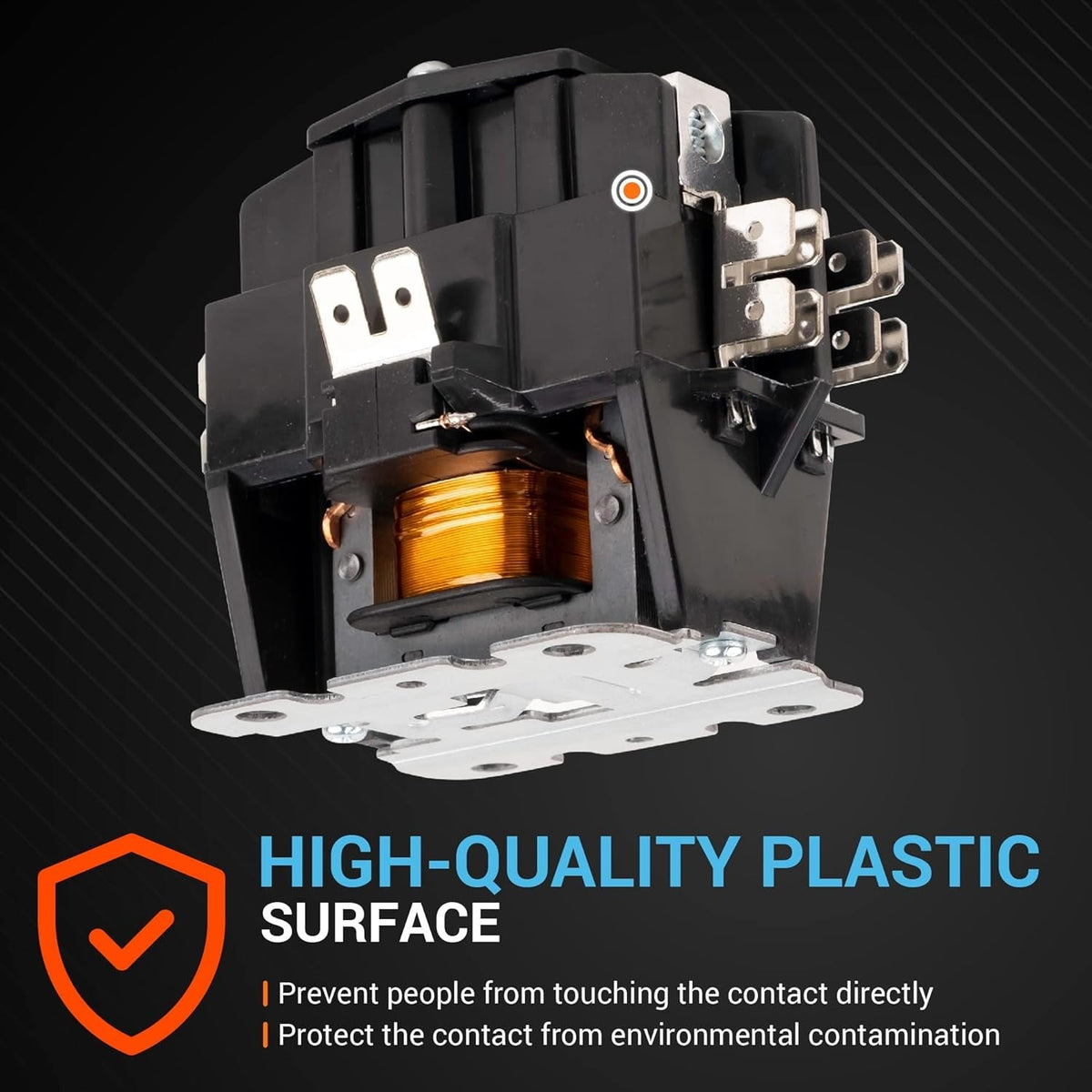 Close-up of a 1 pole 40 amp contactor with a 24VAC coil and protective plastic housing.