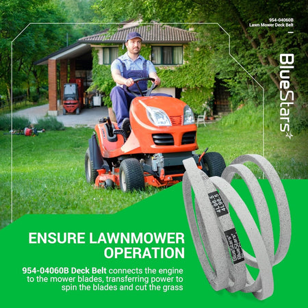 954-04060B deck drive belt for 42-inch lawn mower decks, shown with a riding mower in a residential yard.