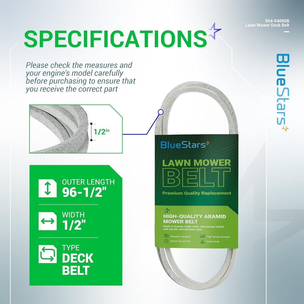 Specifications chart for 954-04060B deck drive belt showing 96.5-inch length and 0.5-inch width dimensions.