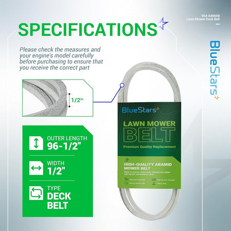 Specifications chart for 954-04060B deck drive belt showing 96.5-inch length and 0.5-inch width dimensions.