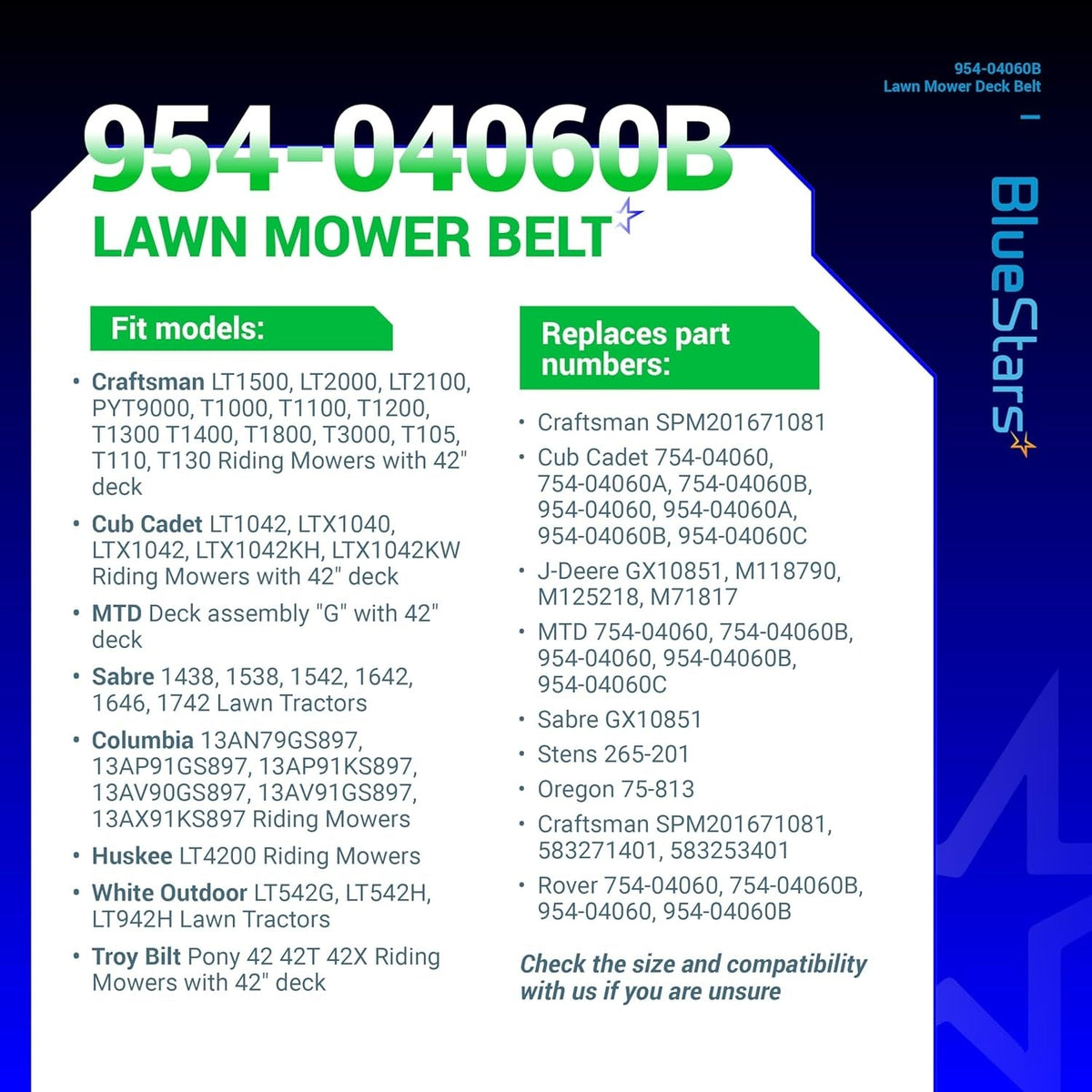 Informational chart for 954-04060B lawn mower deck drive belt showing compatible models and part numbers.