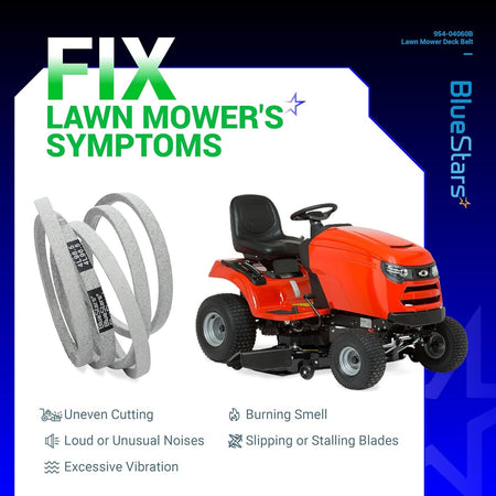 954-04060B deck drive belt for Cub Cadet and Troy-Bilt lawn mowers shown with symptom troubleshooting guide.