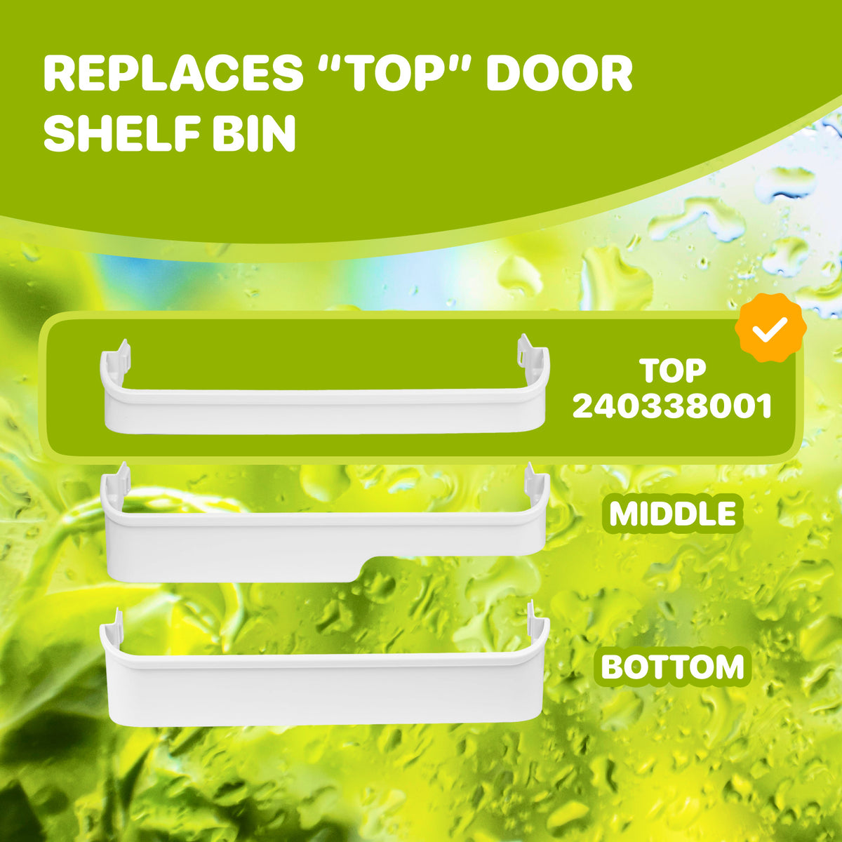 240338001 refrigerator upper gallon door shelf bin shown as the top shelf bin in a three-bin comparison
