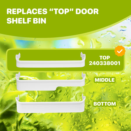 240338001 refrigerator upper gallon door shelf bin shown as the top shelf bin in a three-bin comparison