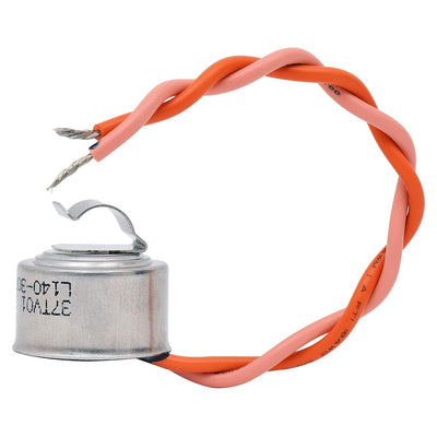 WR50X10068 refrigerator defrost thermostat with metal clip and twisted orange and pink wires.